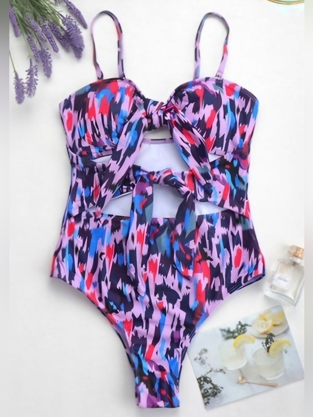 Colorful Abstract Print One Piece Swimsuit | Women's Cutout Push Up Bathing Suit